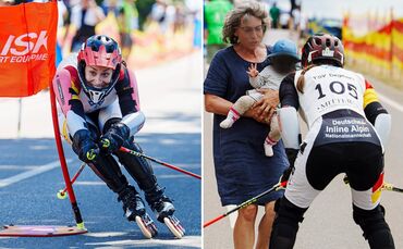 Mona Heller erst in Aktion (links), danach begrüßt die Sportlerin an der Strecke ihre einjährige Tochter.