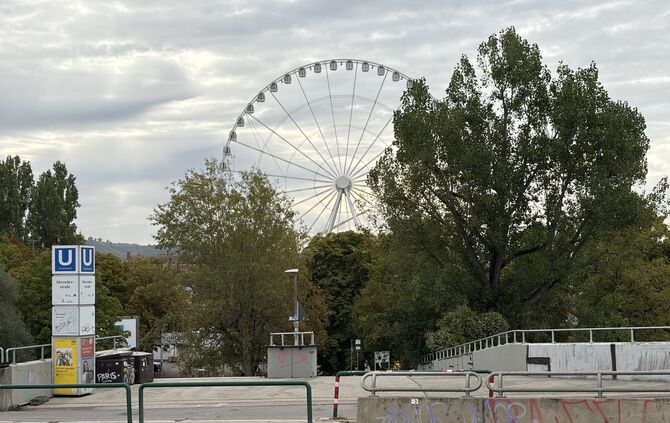 Das größte reisende Riesenrad der Welt steht auf dem Volksfest.